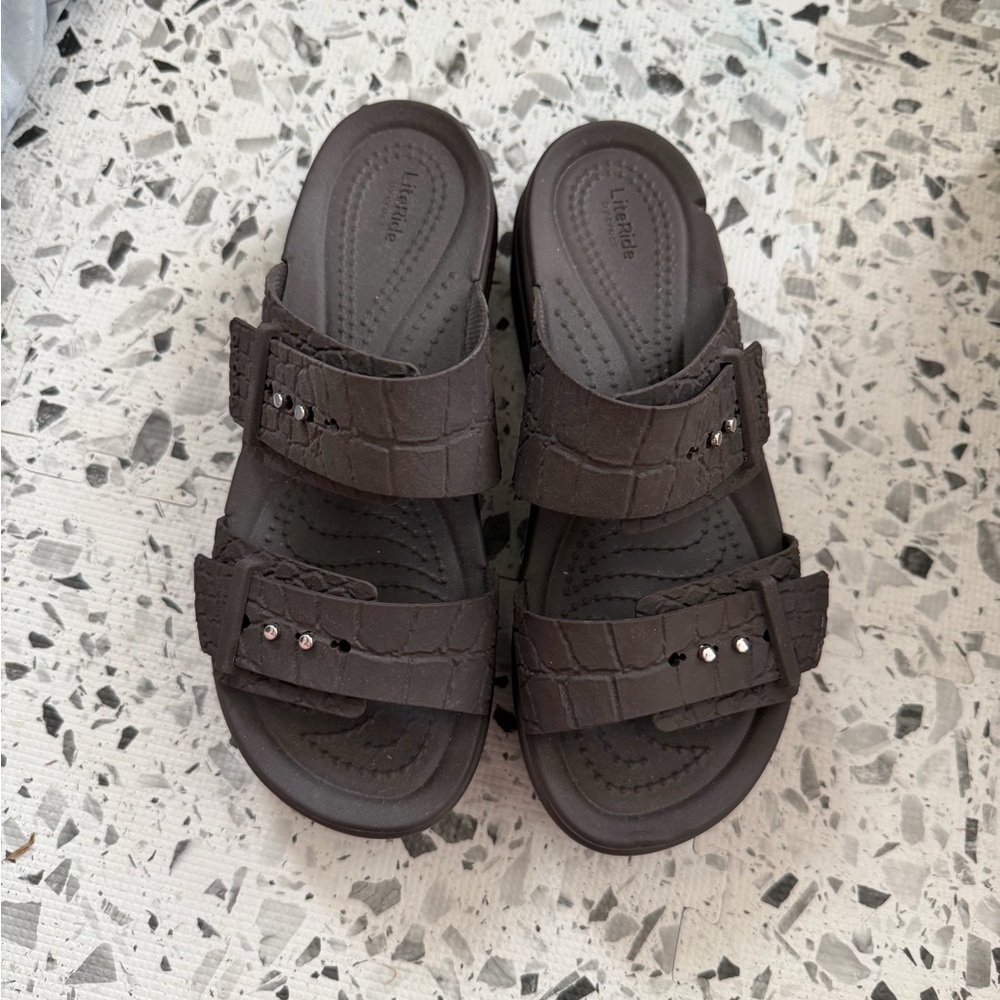 CROCS Dark Brown Slide Sandals with Stud Details